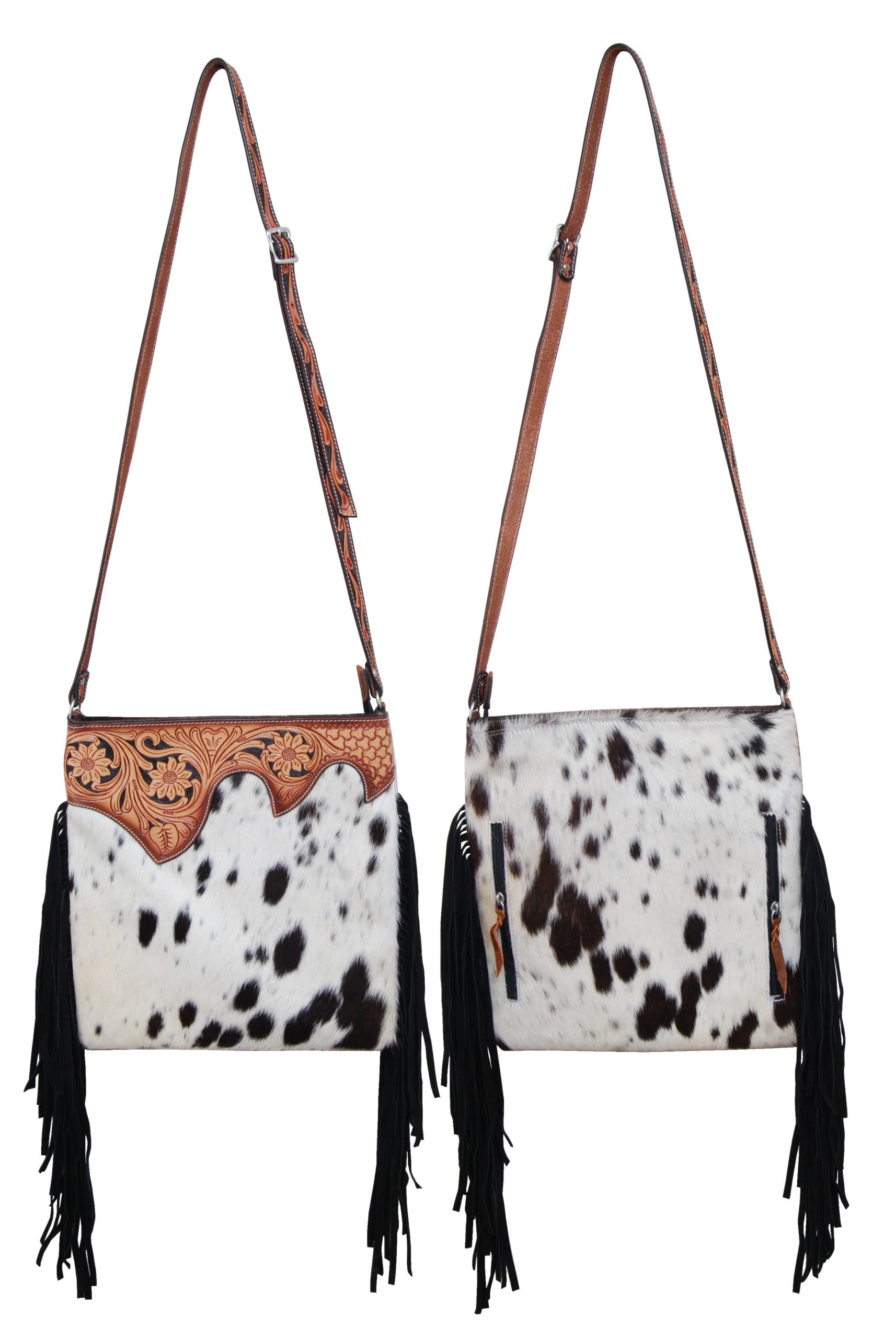 Black & White Cowhide Crossbody Bag with Fringe